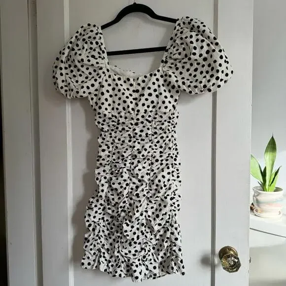 Zara Polka Dot Ruched Puff Cap Sleeve Ruffle Hem Mini Dress - Picture 4 of 9